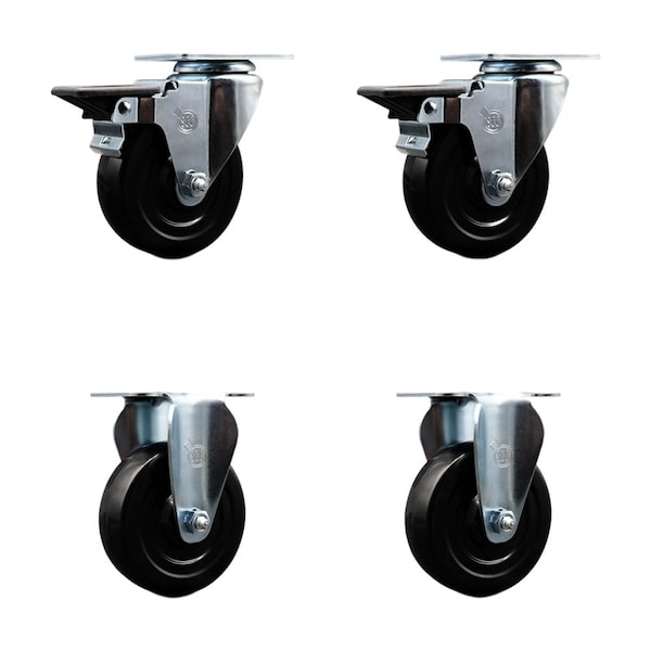 4'' Hard Rubber Wheel Swivel Top Plate Caster Set with 2 Posi Brakes 2 Rigid, 4PK